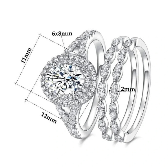 NEW! 18K White Gold Plated Stackable 3 Piece Oval Diamond Ring Set - Picture 5 of 5